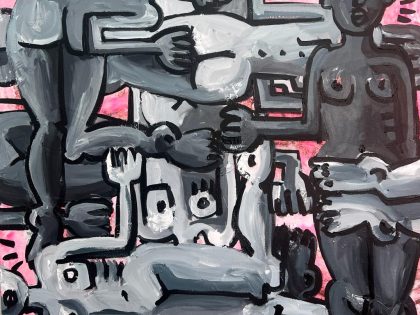 Lara Padilla: Pink & grey Tetris, 2023. Acrílico sobre lienzo, 100x100 cm
