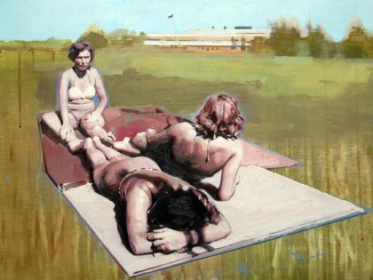 Andrew Hollis: Landscape with Sunbathers, 2011. Óleo sobre lino, 50x70cm